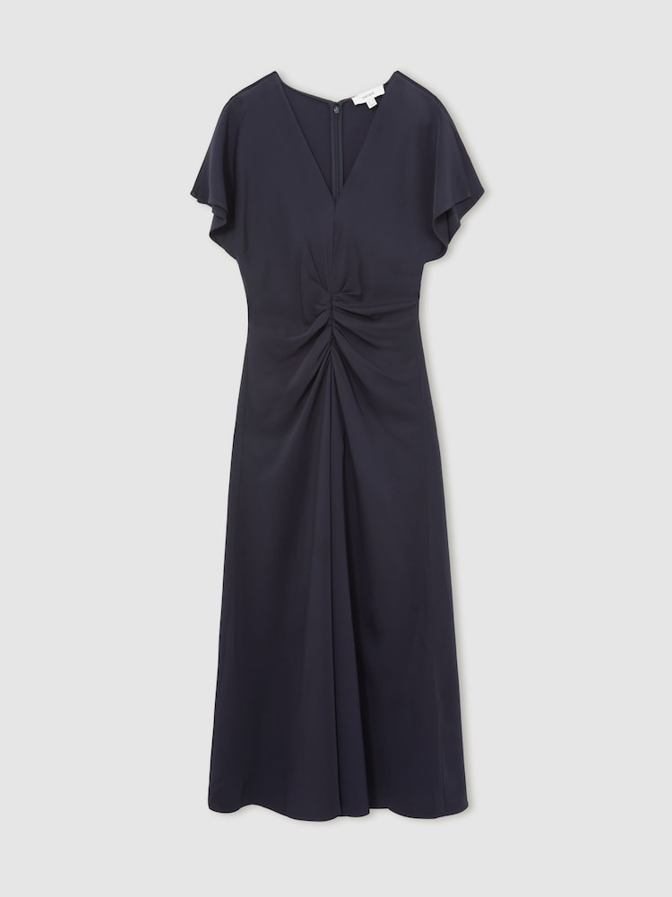 Reiss Navy Rowe Ruched-Front Midi Dress - Image 2 of 7