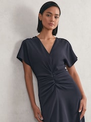 Reiss Navy Rowe Ruched-Front Midi Dress - Image 3 of 7