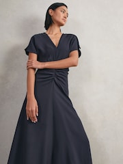 Reiss Navy Rowe Ruched-Front Midi Dress - Image 6 of 7