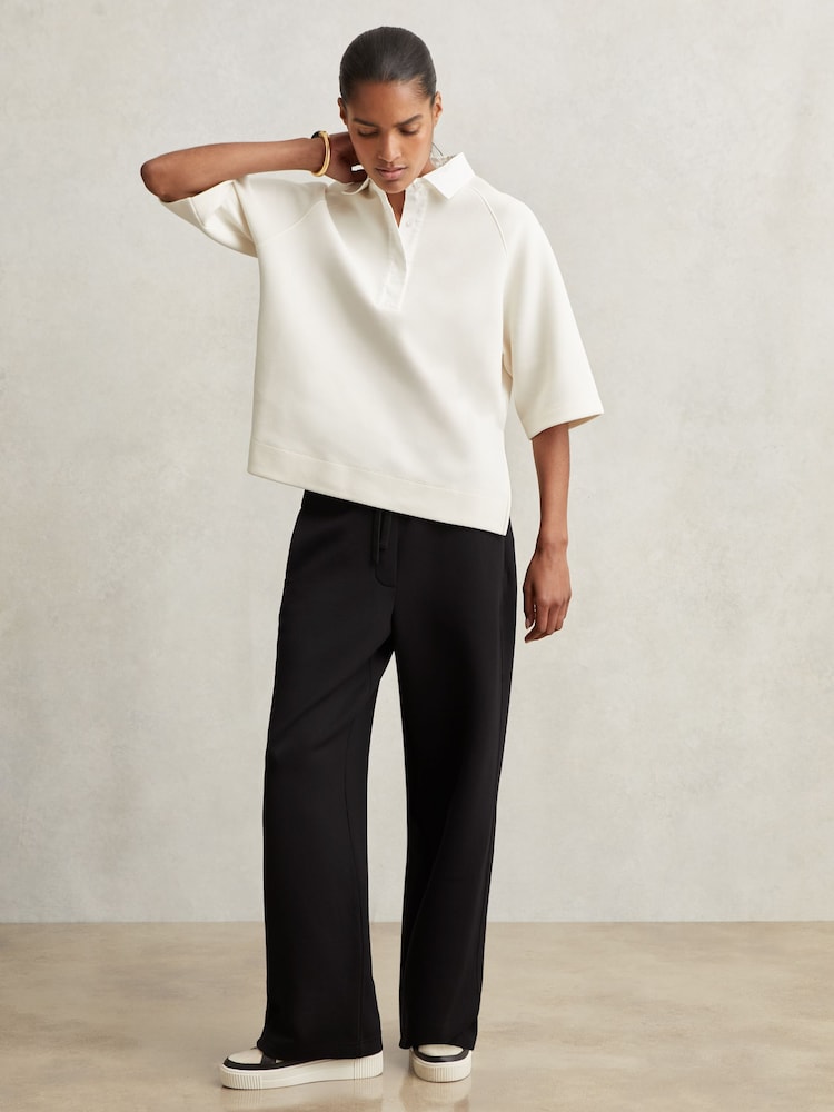 Reiss Black Laney Wide-Leg Interlock Drawstring Joggers - Image 1 of 7