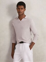 Reiss Wicker Brown Melange Milburn Merino Wool Open-Collar Polo Shirt - Image 1 of 6