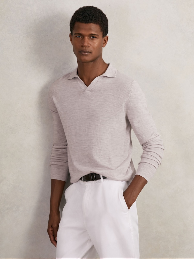 Reiss Wicker Brown Melange Milburn Merino Wool Open-Collar Polo Shirt - Image 1 of 6