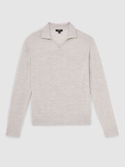 Reiss Wicker Brown Melange Milburn Merino Wool Open-Collar Polo Shirt - Image 2 of 6
