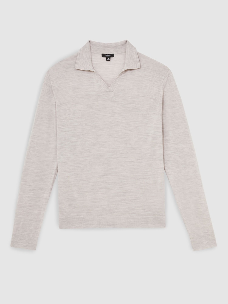 Reiss Wicker Brown Melange Milburn Merino Wool Open-Collar Polo Shirt - Image 2 of 6