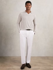 Reiss Wicker Brown Melange Milburn Merino Wool Open-Collar Polo Shirt - Image 3 of 6