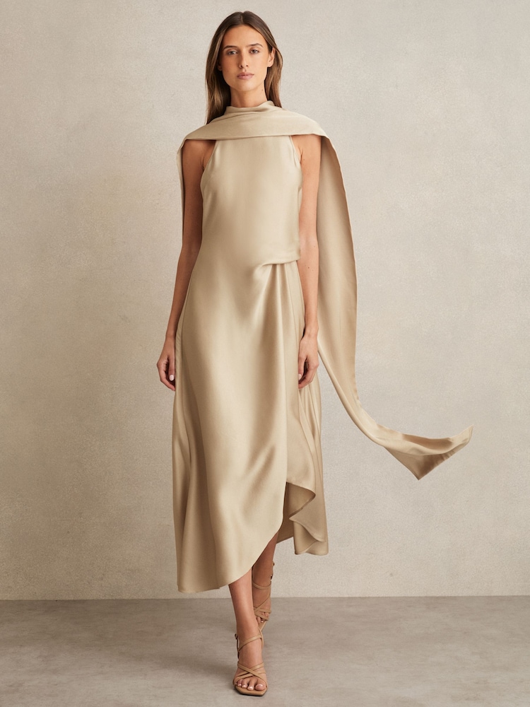 Reiss Champagne Neutral Michelle Satin Tuck-Detail Cape Midi Dress - Image 1 of 6