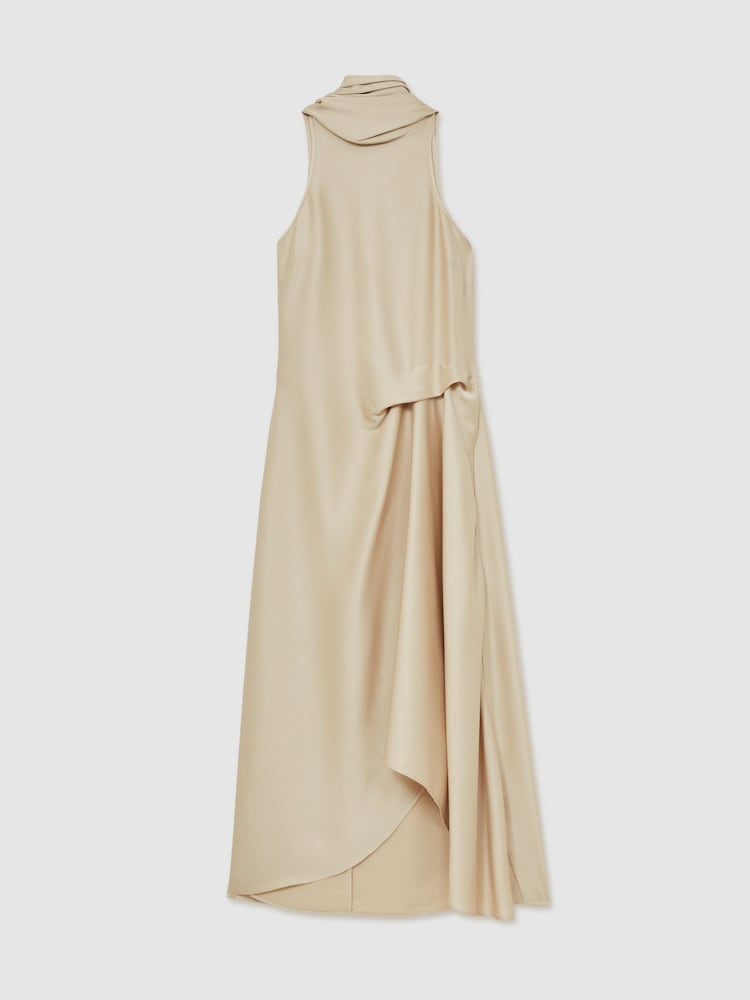 Reiss Champagne Neutral Michelle Satin Tuck-Detail Cape Midi Dress - Image 2 of 6