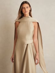 Reiss Champagne Neutral Michelle Satin Tuck-Detail Cape Midi Dress - Image 3 of 6