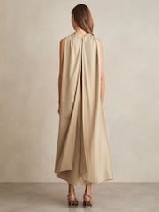 Reiss Champagne Neutral Michelle Satin Tuck-Detail Cape Midi Dress - Image 4 of 6