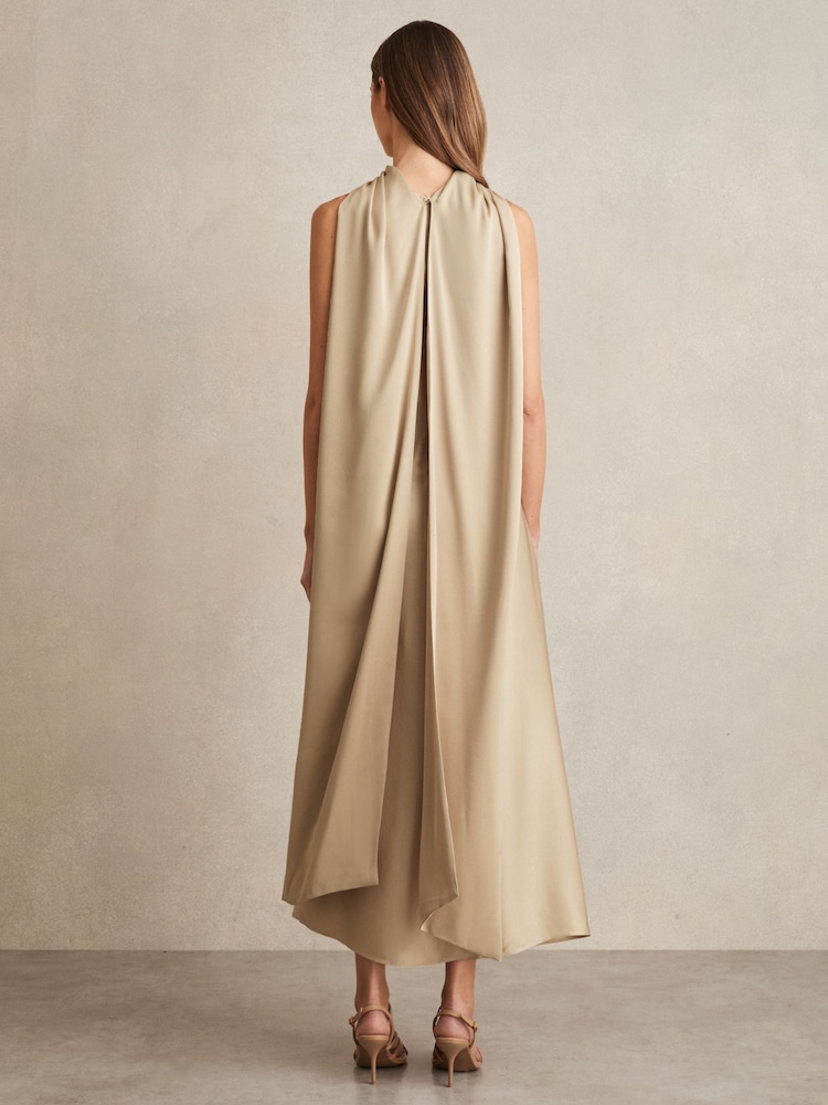 Reiss Champagne Neutral Michelle Satin Tuck-Detail Cape Midi Dress - Image 4 of 6