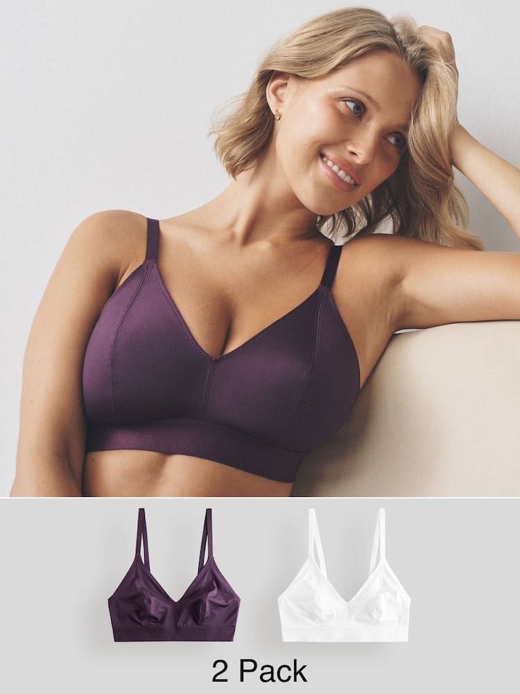 Plum Purple/White Bralette DD+ Ultimate Comfort Non Wire Bralettes 2 Pack - Image 1 of 11 Plum Purple/White Bralette DD+ Ultimate Comfort Non Wire Bralettes 2 Pack - Image 1 of 11