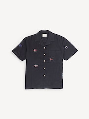 Folk Black Relaxed Soft Collar Short Sleeve Embroidered Shirt - Image 1 of 4