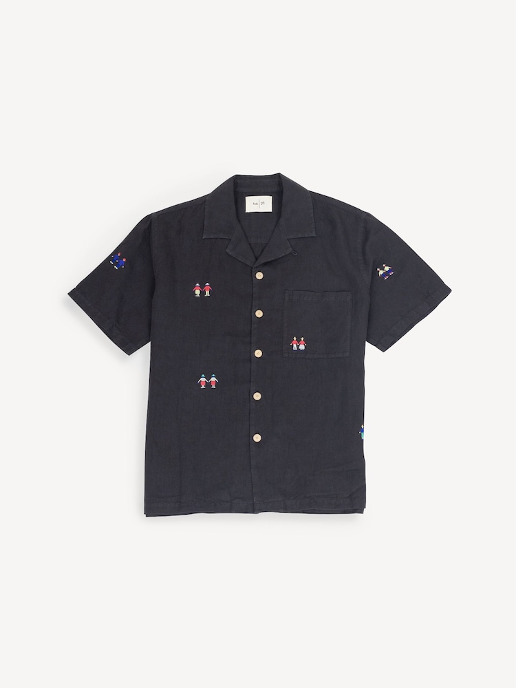 Folk Black Relaxed Soft Collar Short Sleeve Embroidered Shirt - Image 1 of 4