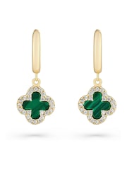 Beaverbrooks Yellow Gold Tone Cubic Zirconia Malachite Clover Hoop Drop Earrings - Image 1 of 4
