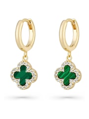 Beaverbrooks Yellow Gold Tone Cubic Zirconia Malachite Clover Hoop Drop Earrings - Image 2 of 4