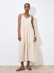 Apricot Natural Shell Detail Tiered 100% Cotton Midaxi Dress - Image 1 of 4