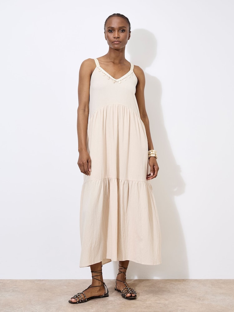 Apricot Natural Shell Detail Tiered 100% Cotton Midaxi Dress - Image 1 of 4
