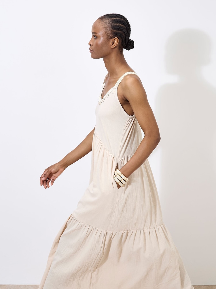 Apricot Natural Shell Detail Tiered 100% Cotton Midaxi Dress - Image 2 of 4