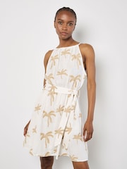 Apricot Cream Embroidered Palm Halter Neck Midi Dress - Image 1 of 4