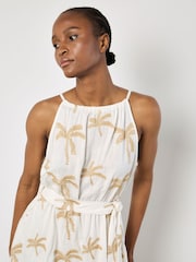 Apricot Cream Embroidered Palm Halter Neck Midi Dress - Image 2 of 4