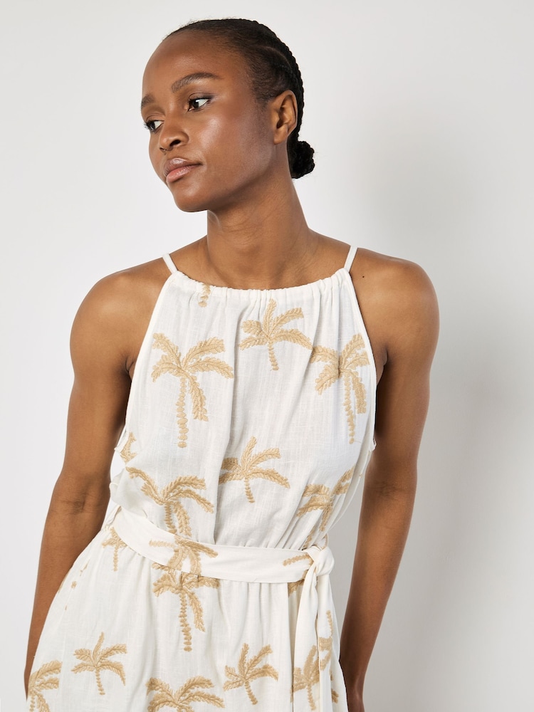 Apricot Cream Embroidered Palm Halter Neck Midi Dress - Image 2 of 4
