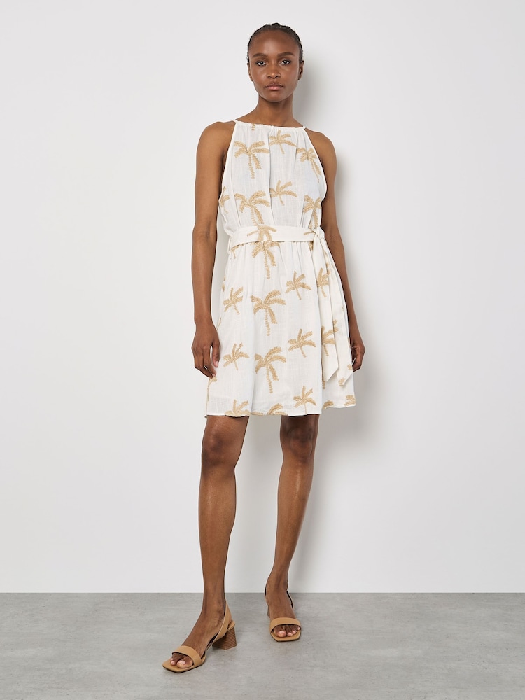 Apricot Cream Embroidered Palm Halter Neck Midi Dress - Image 4 of 4