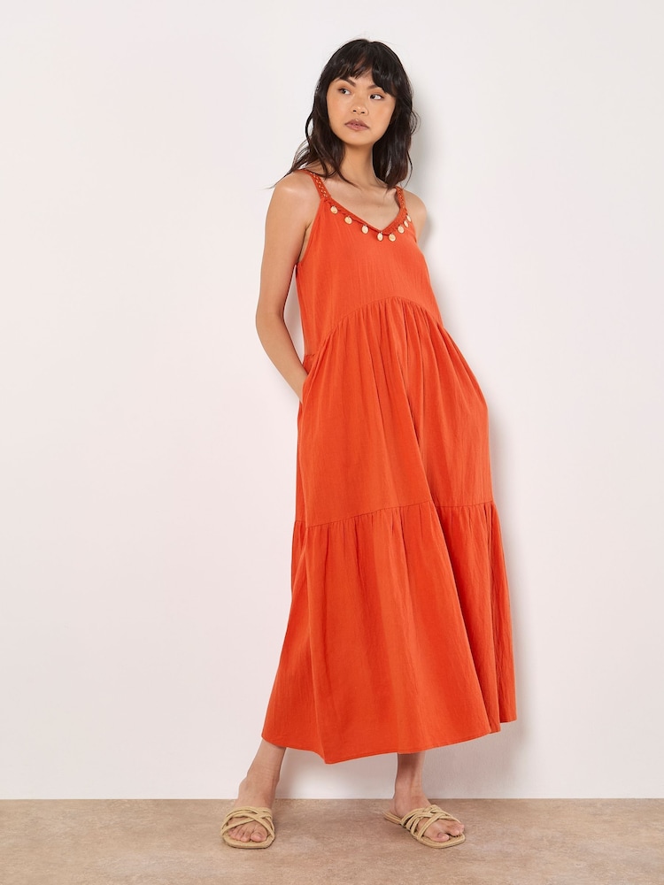 Apricot Orange Shell Detail Tiered 100% Cotton Midaxi Dress - Image 1 of 4