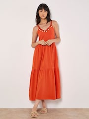 Apricot Orange Shell Detail Tiered 100% Cotton Midaxi Dress - Image 2 of 4
