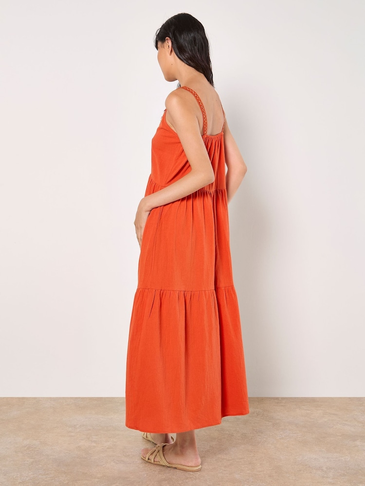 Apricot Orange Shell Detail Tiered 100% Cotton Midaxi Dress - Image 4 of 4