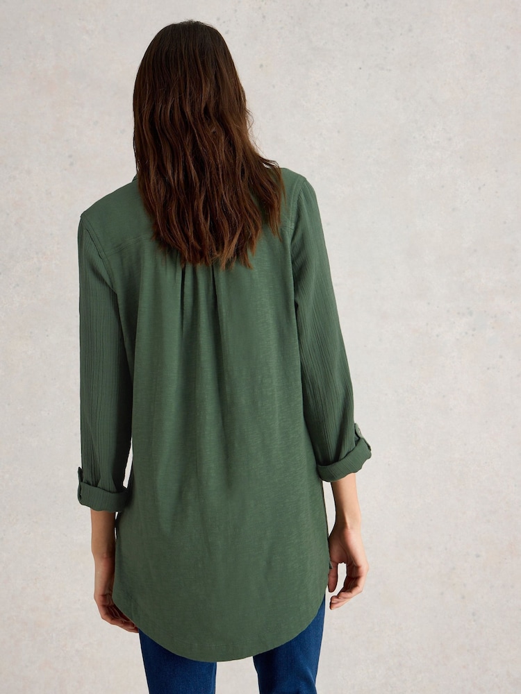 White Stuff Green Annie Double 100% Organic Cotton Cloth Longline Shirt - Image 2 of 6