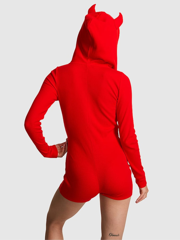 Victoria's Secret PINK Bright Vermillion Red Devil Halloween Onesie - Image 2 of 3 Victoria's Secret PINK Bright Vermillion Red Devil Halloween Onesie - Image 2 of 3