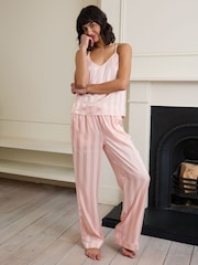 Chelsea Peers Pink Satin Jacquard Stripe Cami Long Pyjamas Set - Image 1 of 5