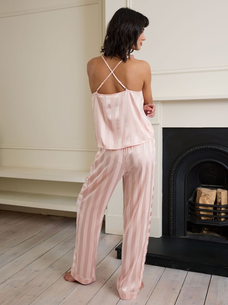 Chelsea Peers Pink Satin Jacquard Stripe Cami Long Pyjamas Set - Image 2 of 5
