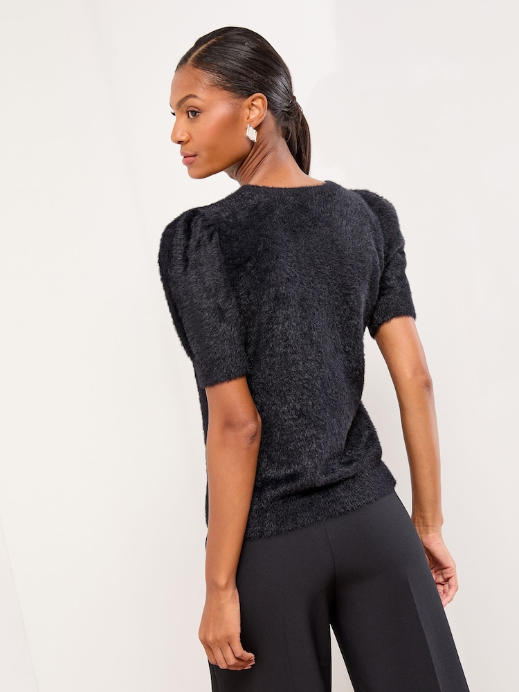 Lipsy Black Bow Christmas Short Sleeve Crew Neck Knitted Top - Image 4 of 4