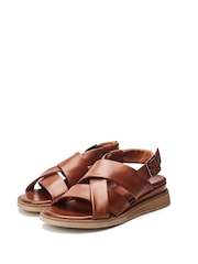 Moda in Pelle Blue Over Soft Cross Strap Leather Sandals On Microwedge - Image 3 of 5
