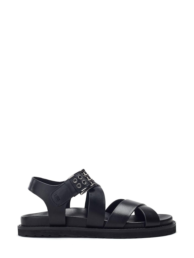 Moda in Pelle Sh Liner Double Cross Strap Leather Footbed Black Sandals - Image 1 of 4