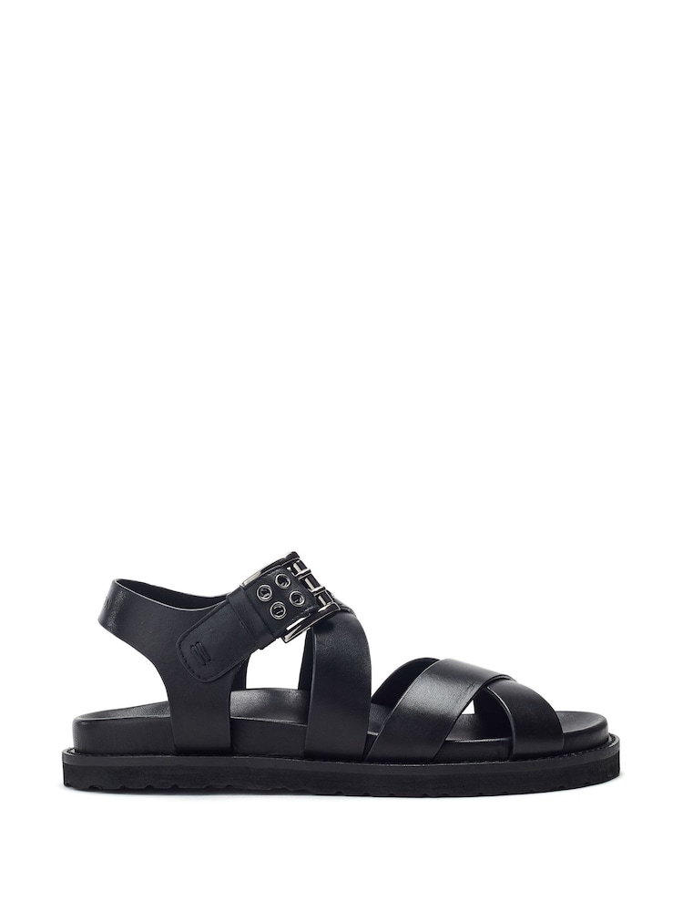 Moda in Pelle Sh Liner Double Cross Strap Leather Footbed Black Sandals - Image 2 of 4