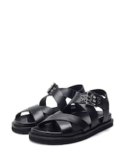 Moda in Pelle Sh Liner Double Cross Strap Leather Footbed Black Sandals - Image 3 of 4