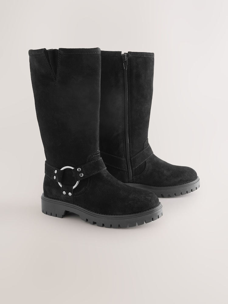 Black Suede Water Repellent Knee High Biker Boots - Image 1 of 5