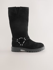 Black Suede Water Repellent Knee High Biker Boots - Image 2 of 5