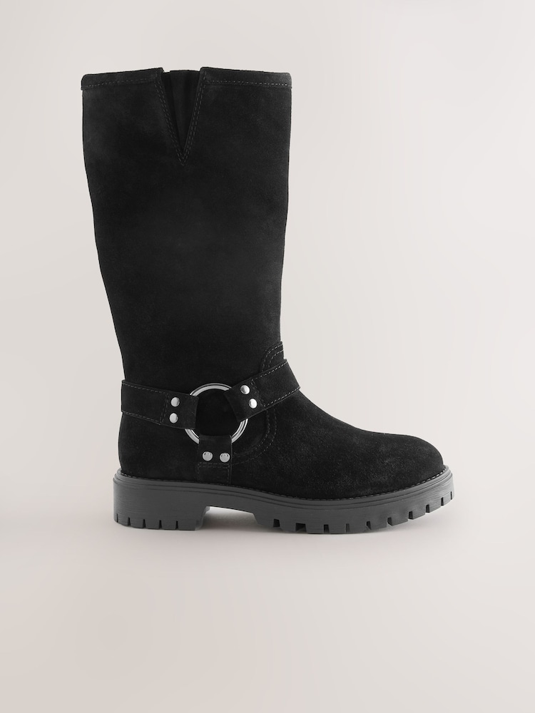 Black Suede Water Repellent Knee High Biker Boots - Image 2 of 5