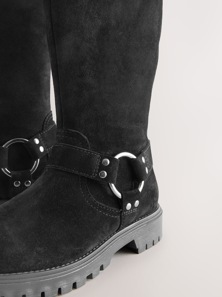 Black Suede Water Repellent Knee High Biker Boots - Image 5 of 5