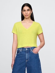Gap Yellow Linen-Blend Cropped V Neck T-Shirt - Image 1 of 5