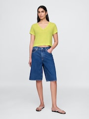 Gap Yellow Linen-Blend Cropped V Neck T-Shirt - Image 3 of 5