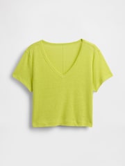 Gap Yellow Linen-Blend Cropped V Neck T-Shirt - Image 4 of 5