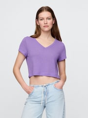 Gap Purple Linen-Blend Cropped V Neck T-Shirt - Image 1 of 5