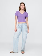 Gap Purple Linen-Blend Cropped V Neck T-Shirt - Image 3 of 5