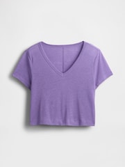 Gap Purple Linen-Blend Cropped V Neck T-Shirt - Image 4 of 5