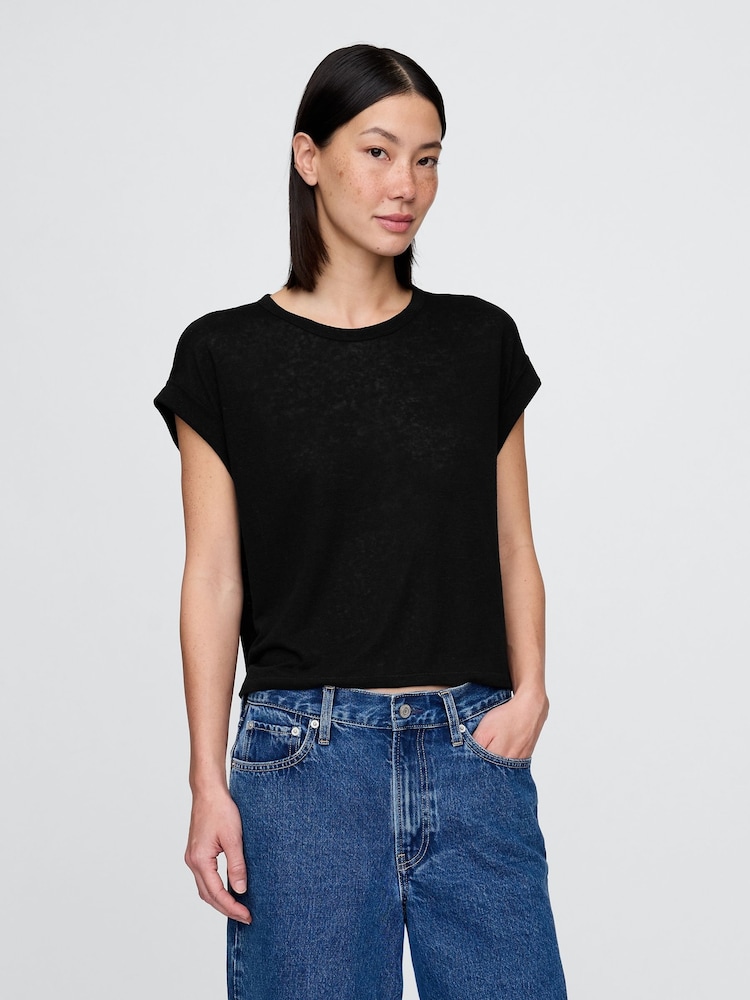 Negro - Gap Linen-Blend Roll-Cuff T-Shirt - Imagen 1 de 4