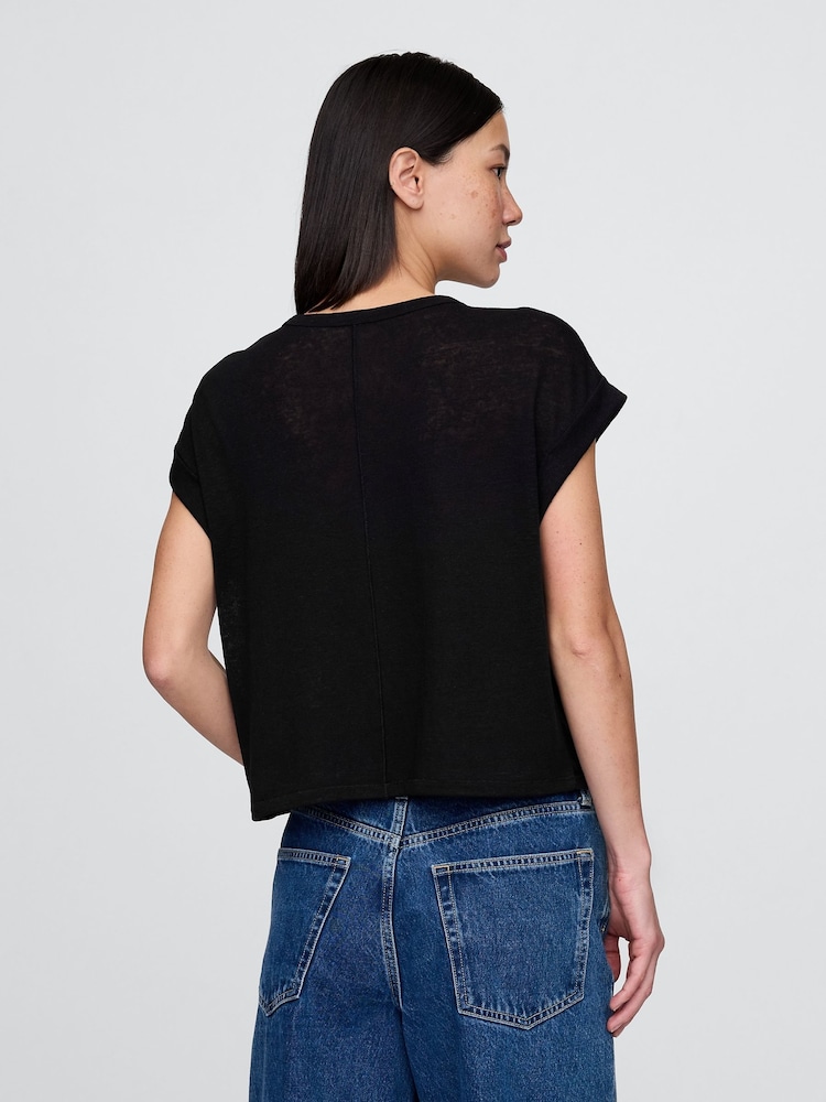 Gap Black Linen-Blend Roll-Cuff T-Shirt - Image 2 of 4 Gap Black Linen-Blend Roll-Cuff T-Shirt - Image 2 of 4